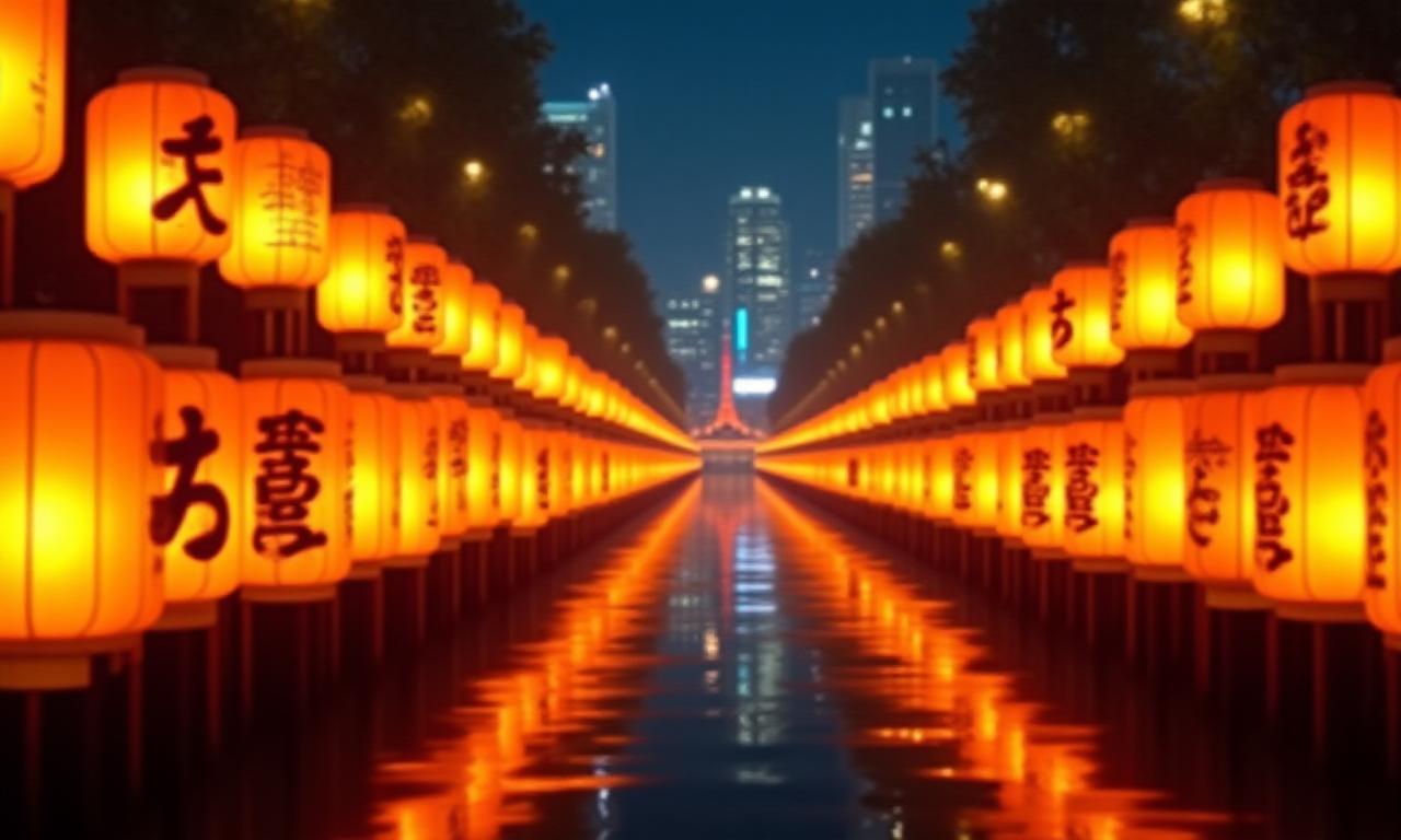 夜の東京で輝く和風のランタン